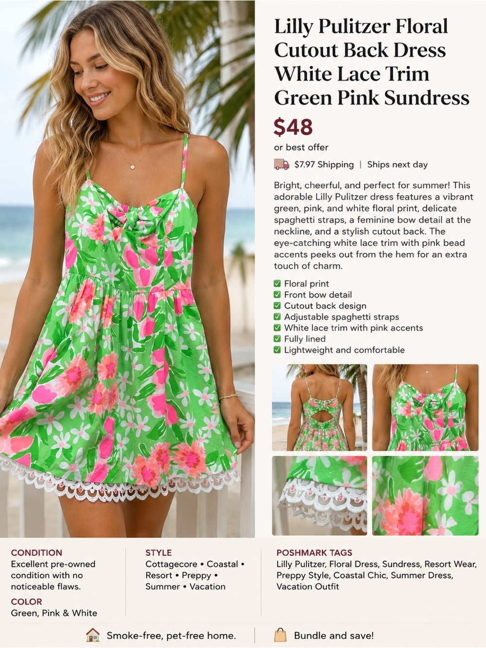Lilly Pulitzer Floral Cutout Back Dress White Lace Trim Green Pink Sundress - Picture 2 of 9